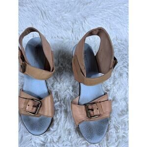 Eric Michael Shoes Womens Size 37 Tan Leather Block Heel Sandals Buckle Portugal